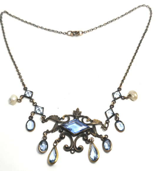 Art's and Crafts Gold Filled blue paste Czech glass freshwater pearl antique necklace