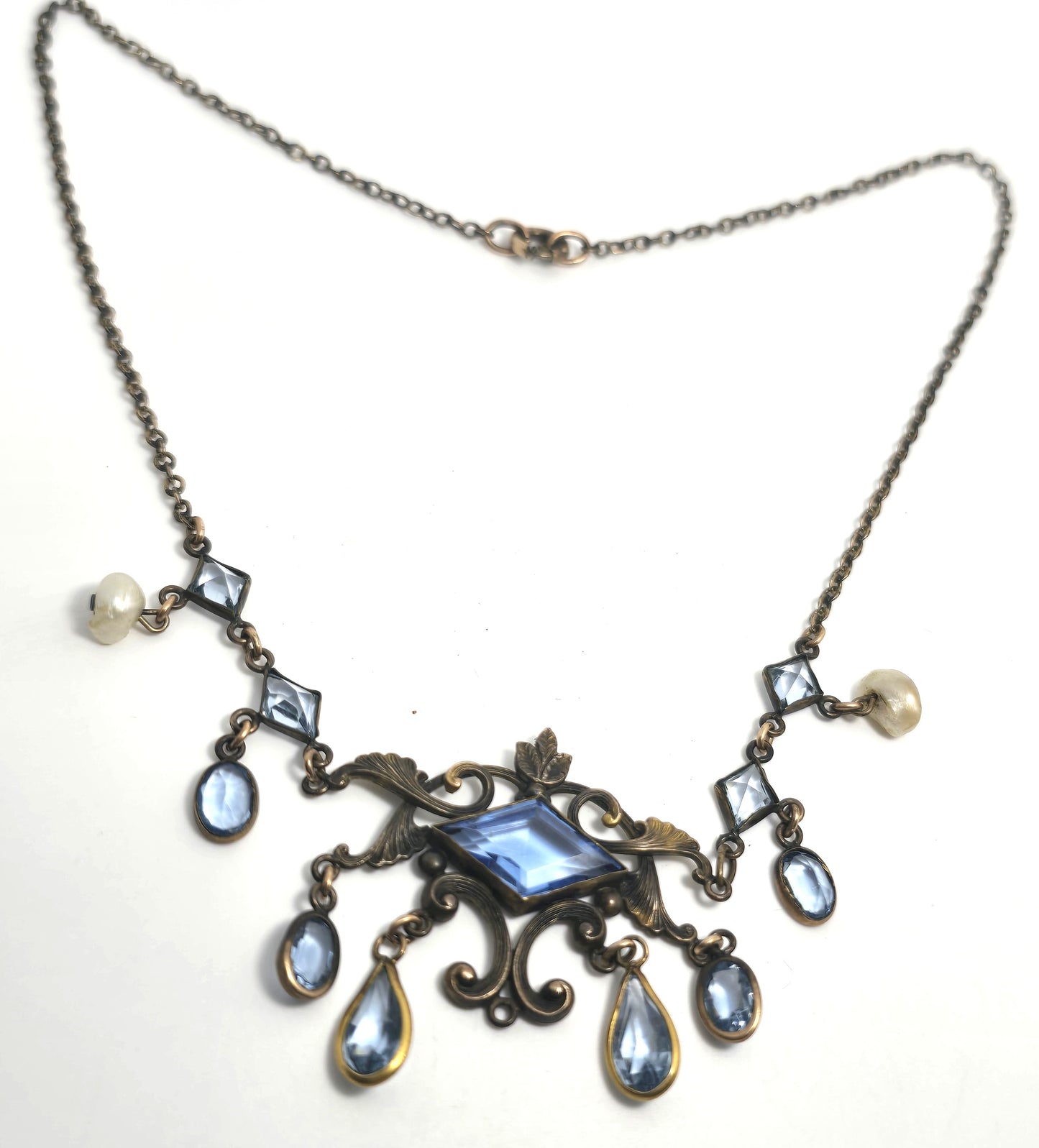 Art's and Crafts Gold Filled blue paste Czech glass freshwater pearl antique necklace