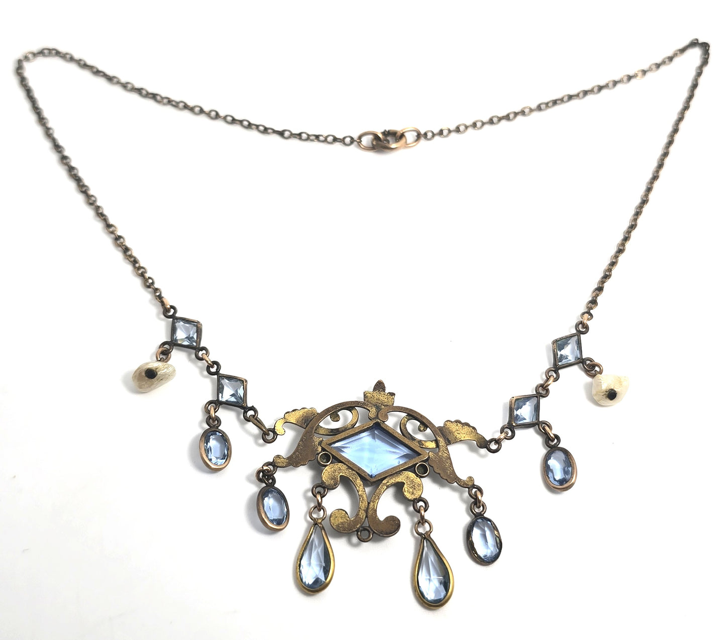 Art's and Crafts Gold Filled blue paste Czech glass freshwater pearl antique necklace