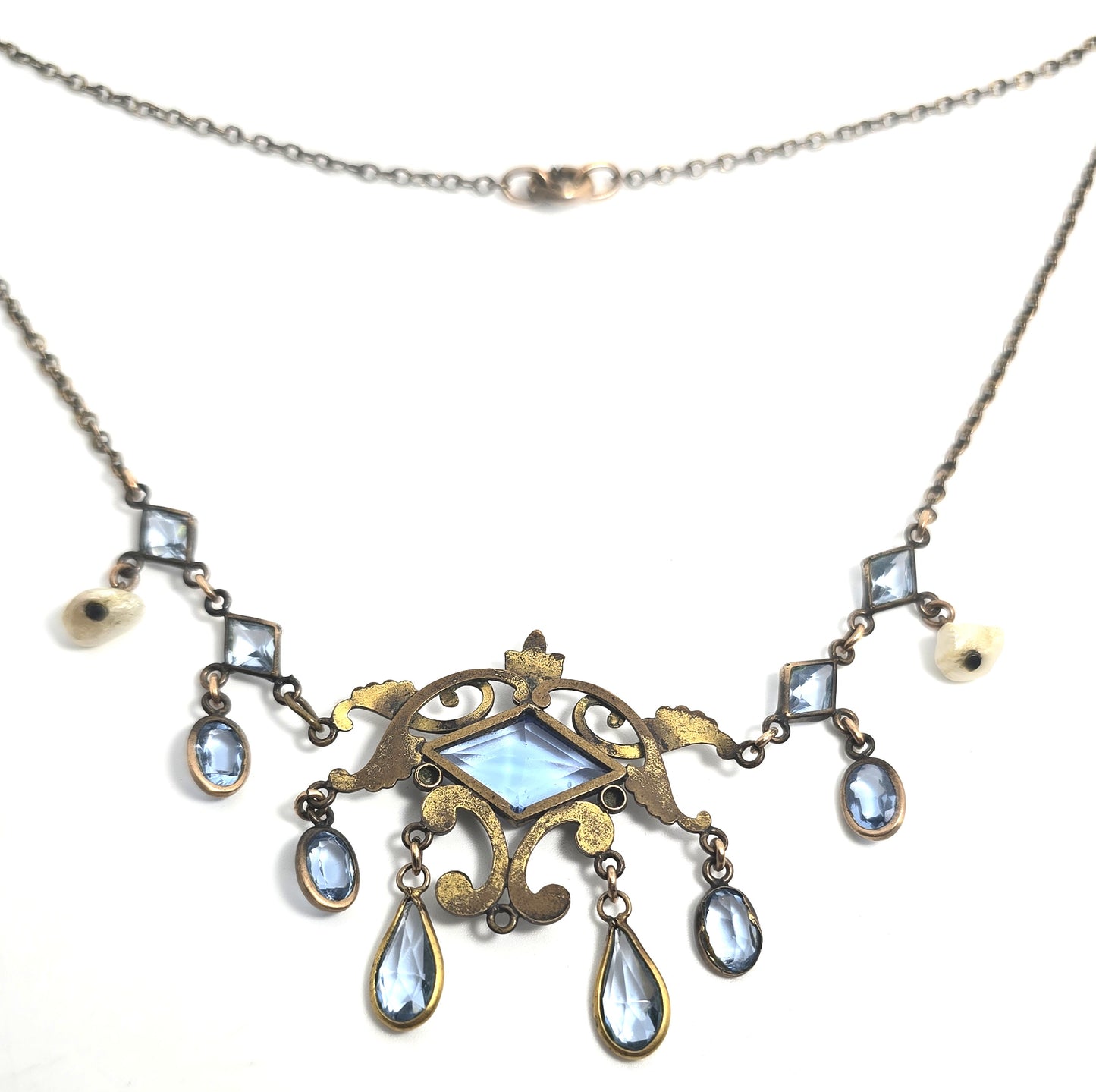Art's and Crafts Gold Filled blue paste Czech glass freshwater pearl antique necklace