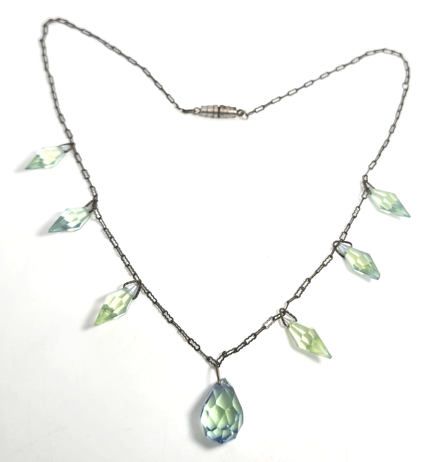 Art Deco Blue Green BI-Color Uranium Crystal Glass Dangle vintage Necklace