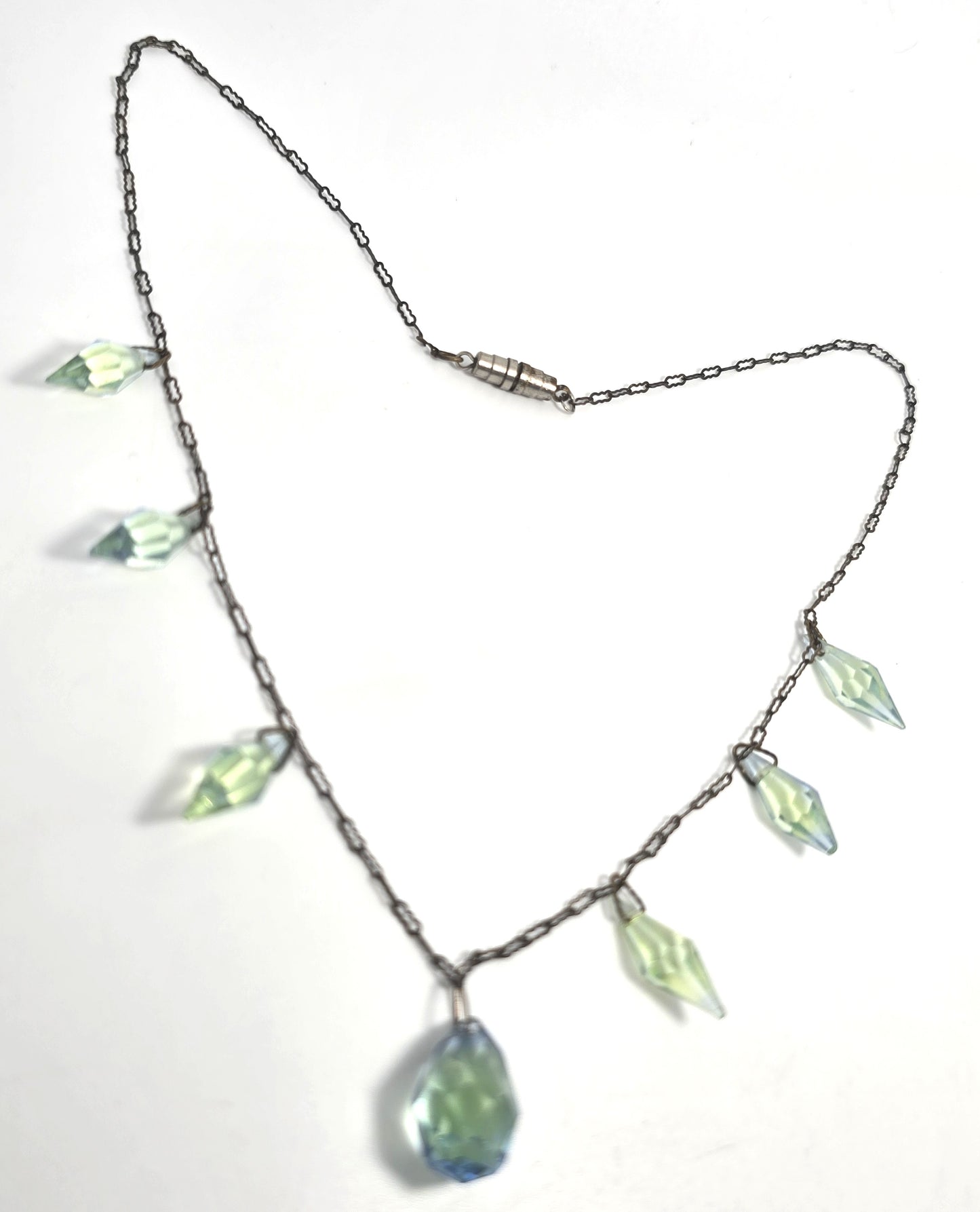 Art Deco Blue Green BI-Color Uranium Crystal Glass Dangle vintage Necklace