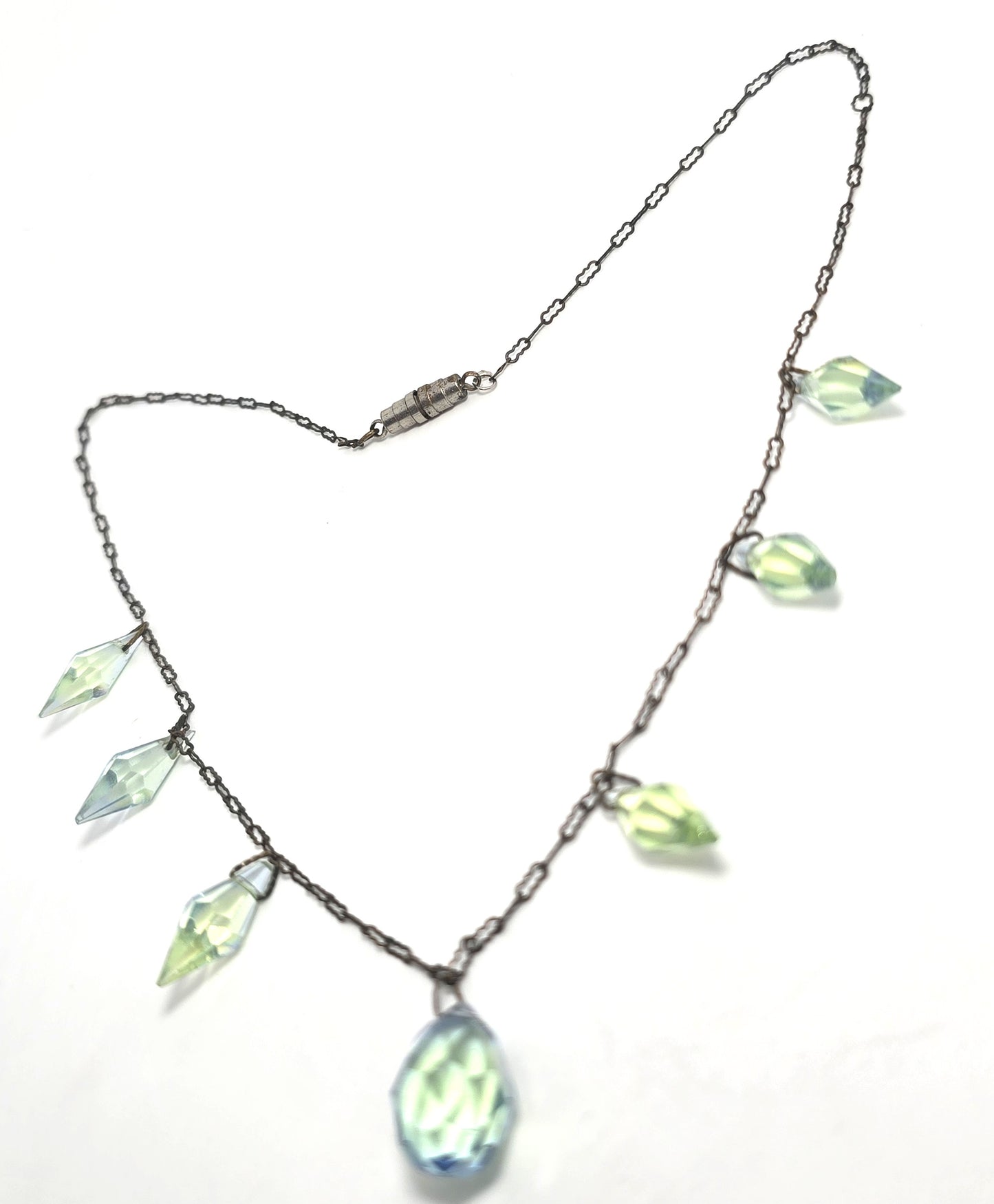 Art Deco Blue Green BI-Color Uranium Crystal Glass Dangle vintage Necklace