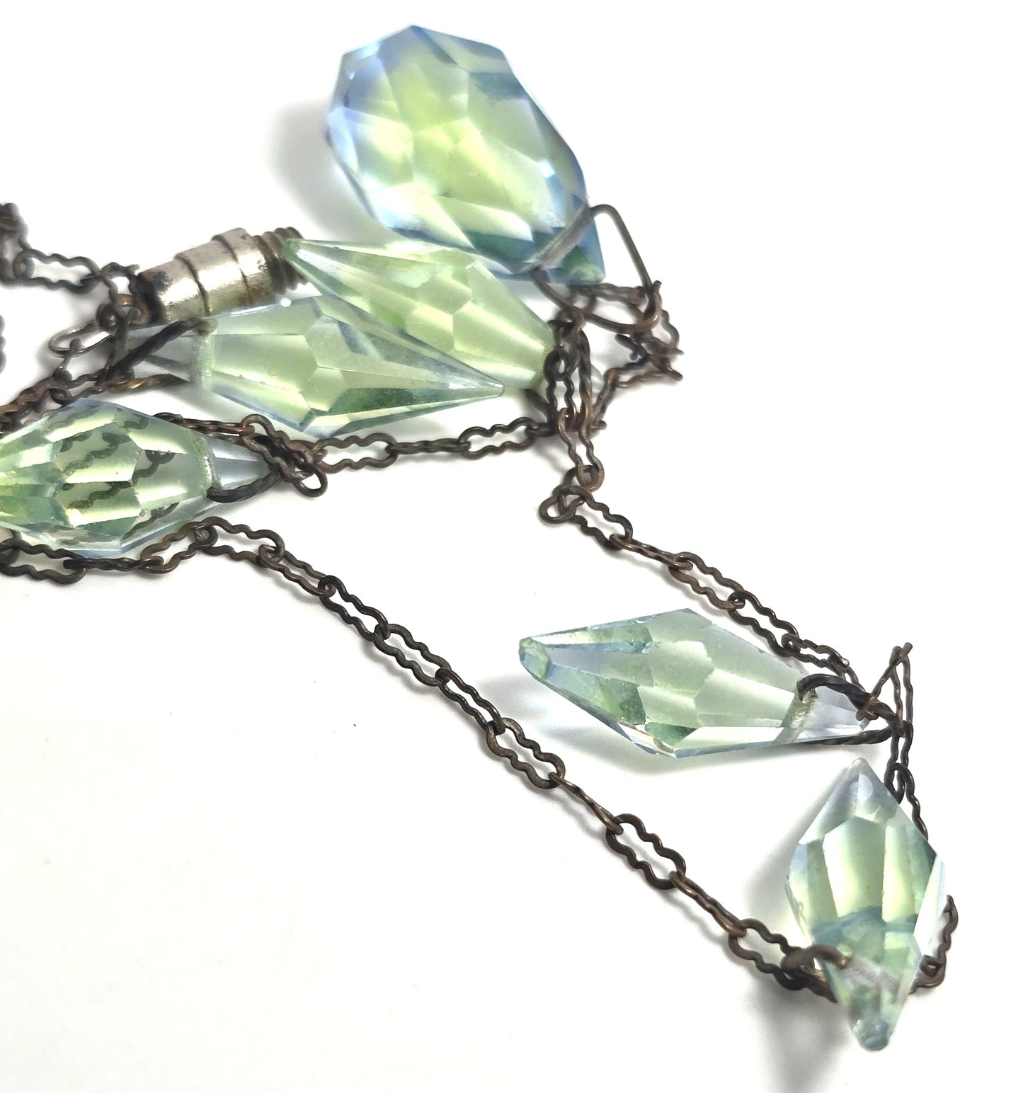 Art Deco Blue Green BI-Color Uranium Crystal Glass Dangle vintage Necklace