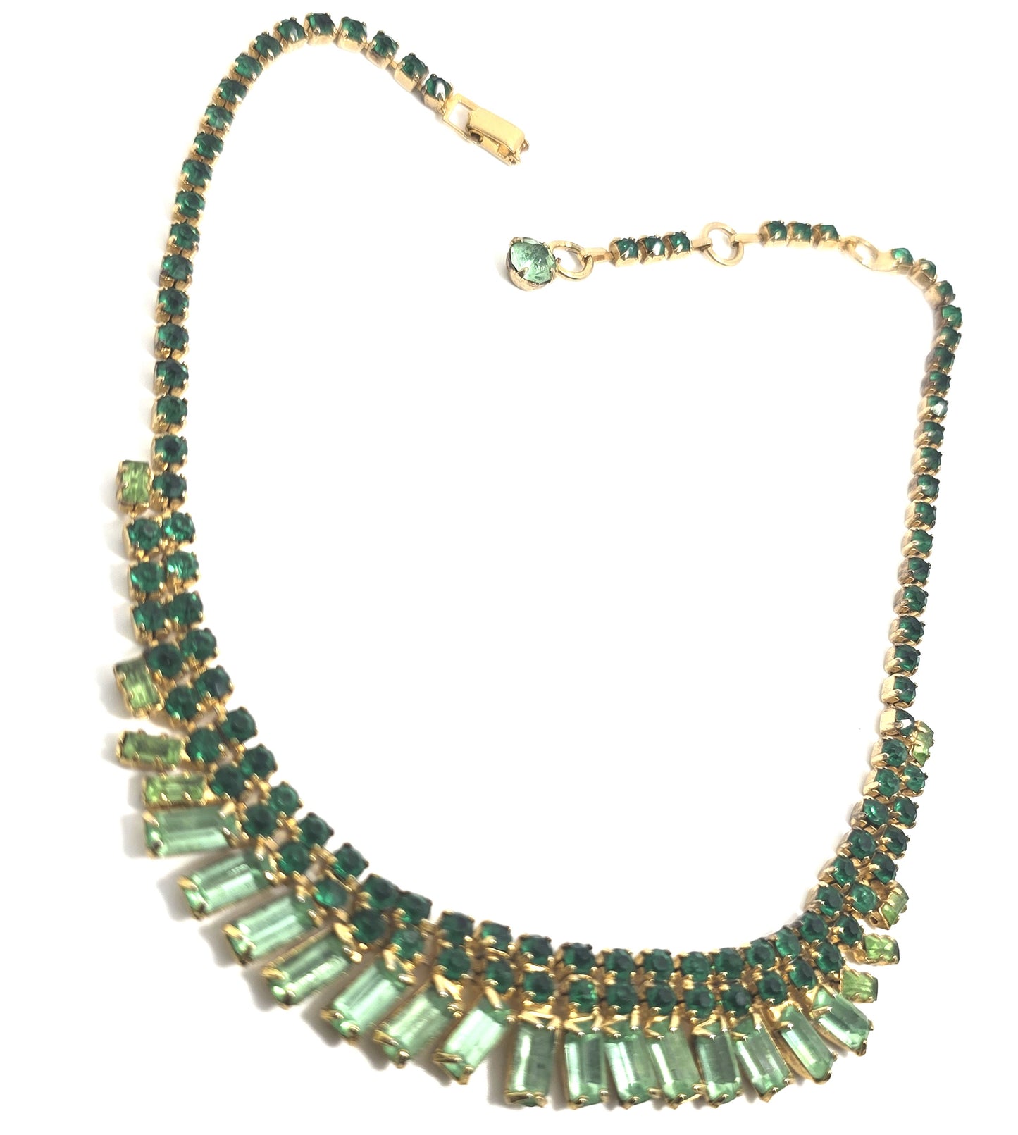Continental Deep green and Uranium Glass rhinestone vintage m d century Necklace