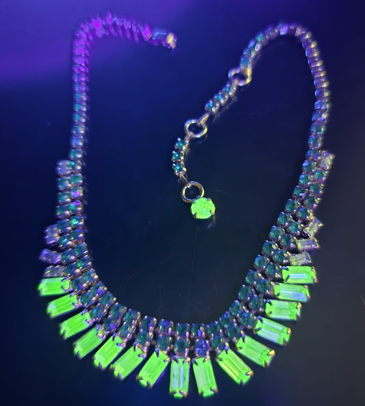 Continental Deep green and Uranium Glass rhinestone vintage m d century Necklace