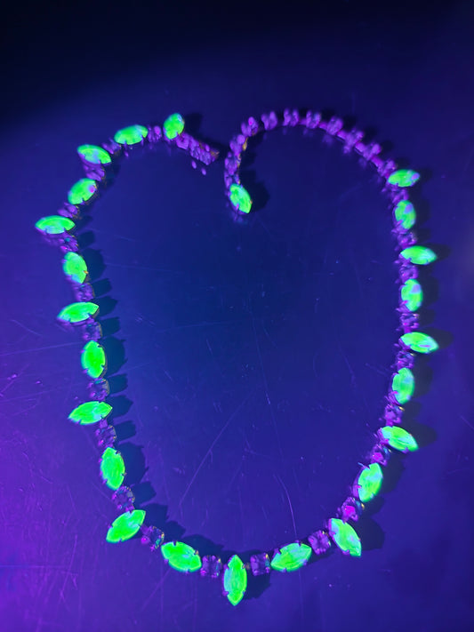 Emerald green and Uranium Glass rhinestone vintage mid century choker Necklace