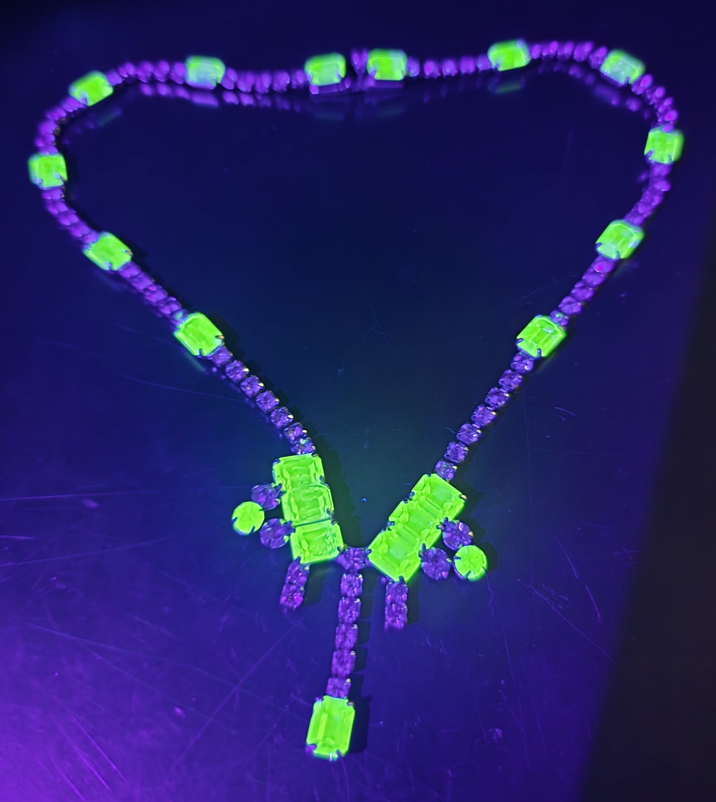 Uranium Glass  and clear rhinestone drop vintage choker Necklace