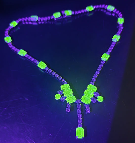 Uranium Glass  and clear rhinestone drop vintage choker Necklace