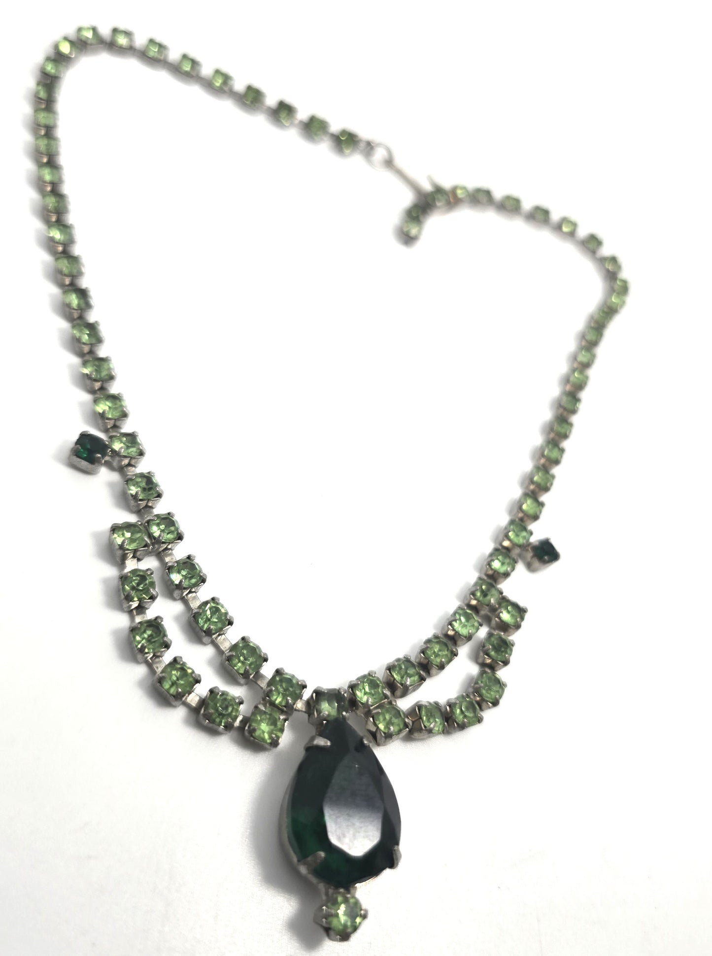 Uranium Glass scalloped deep green rhinestone vintage choker Necklace