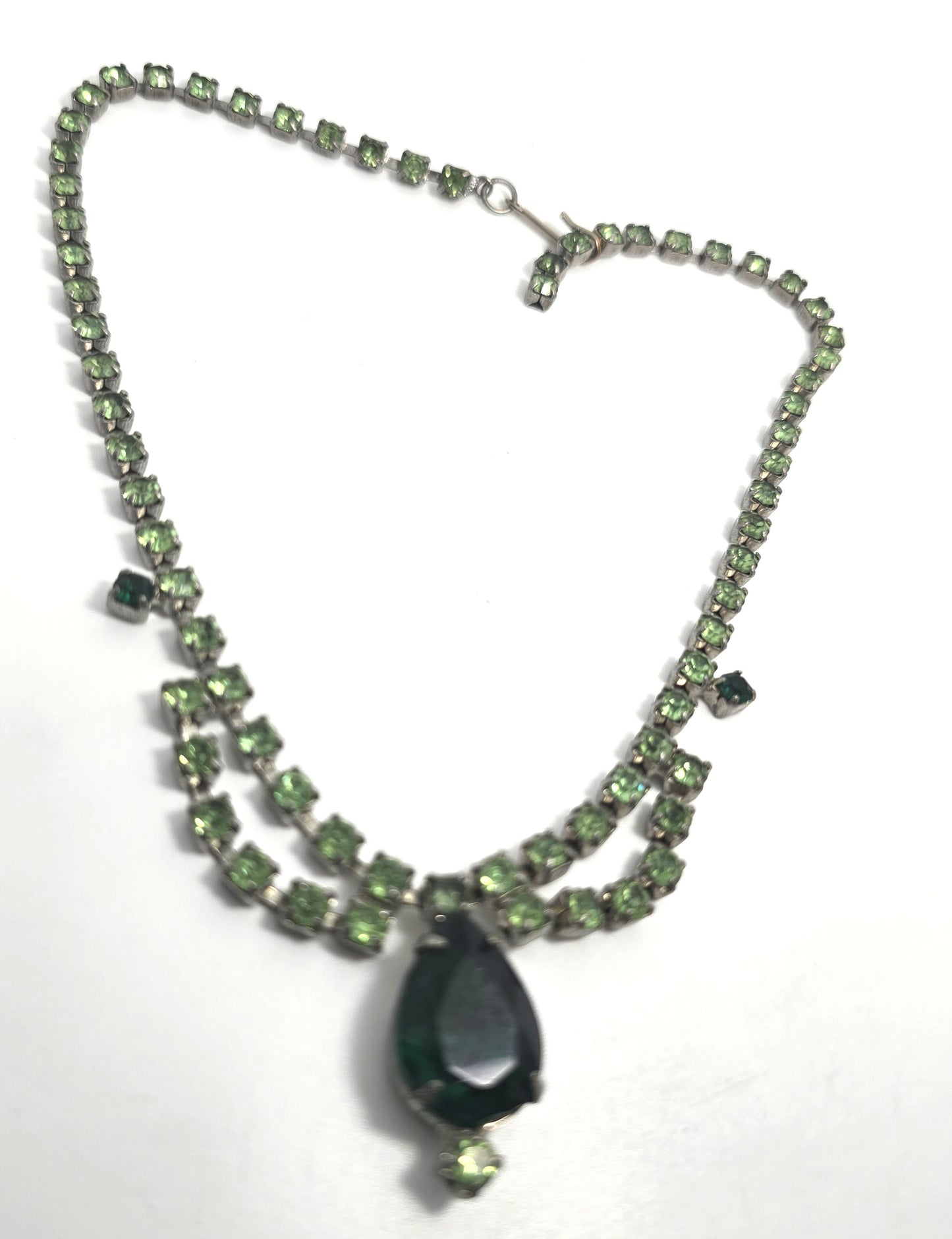 Uranium Glass scalloped deep green rhinestone vintage choker Necklace