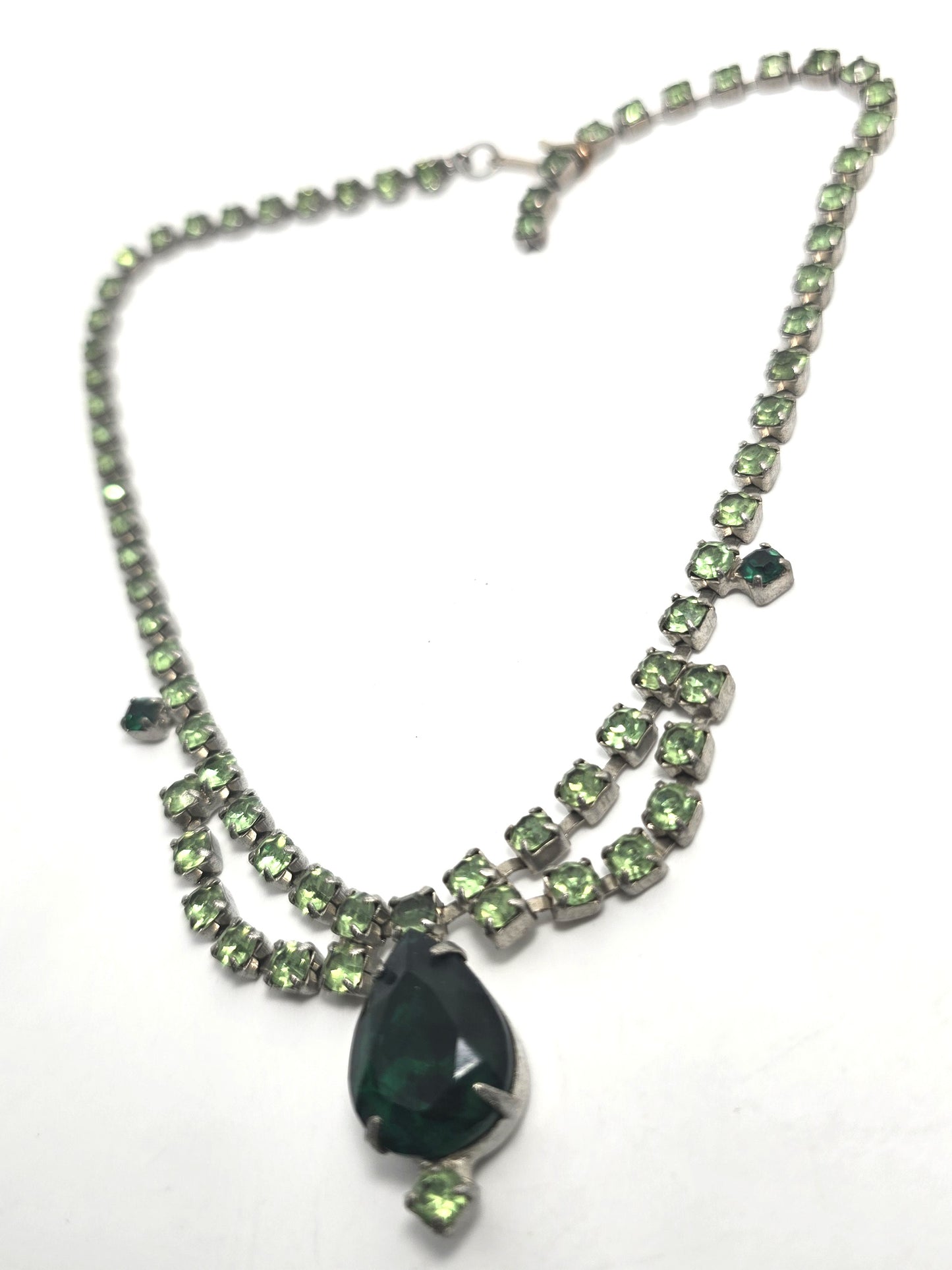 Uranium Glass scalloped deep green rhinestone vintage choker Necklace