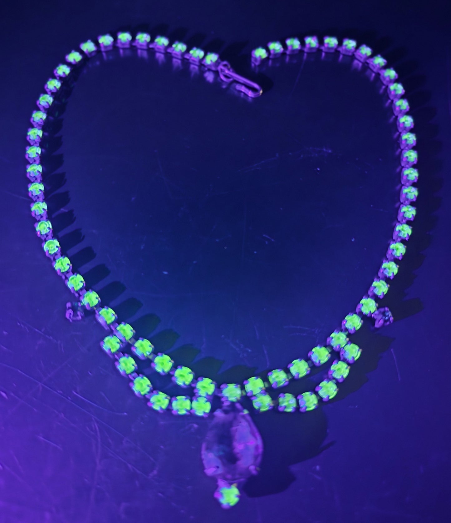 Uranium Glass scalloped deep green rhinestone vintage choker Necklace