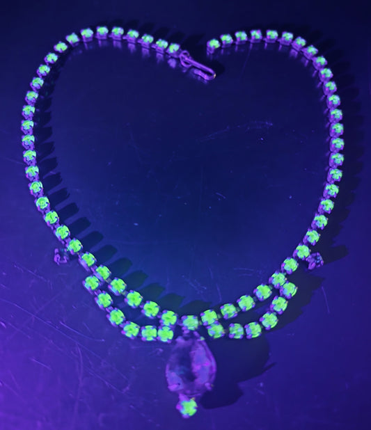 Uranium Glass scalloped deep green rhinestone vintage choker Necklace