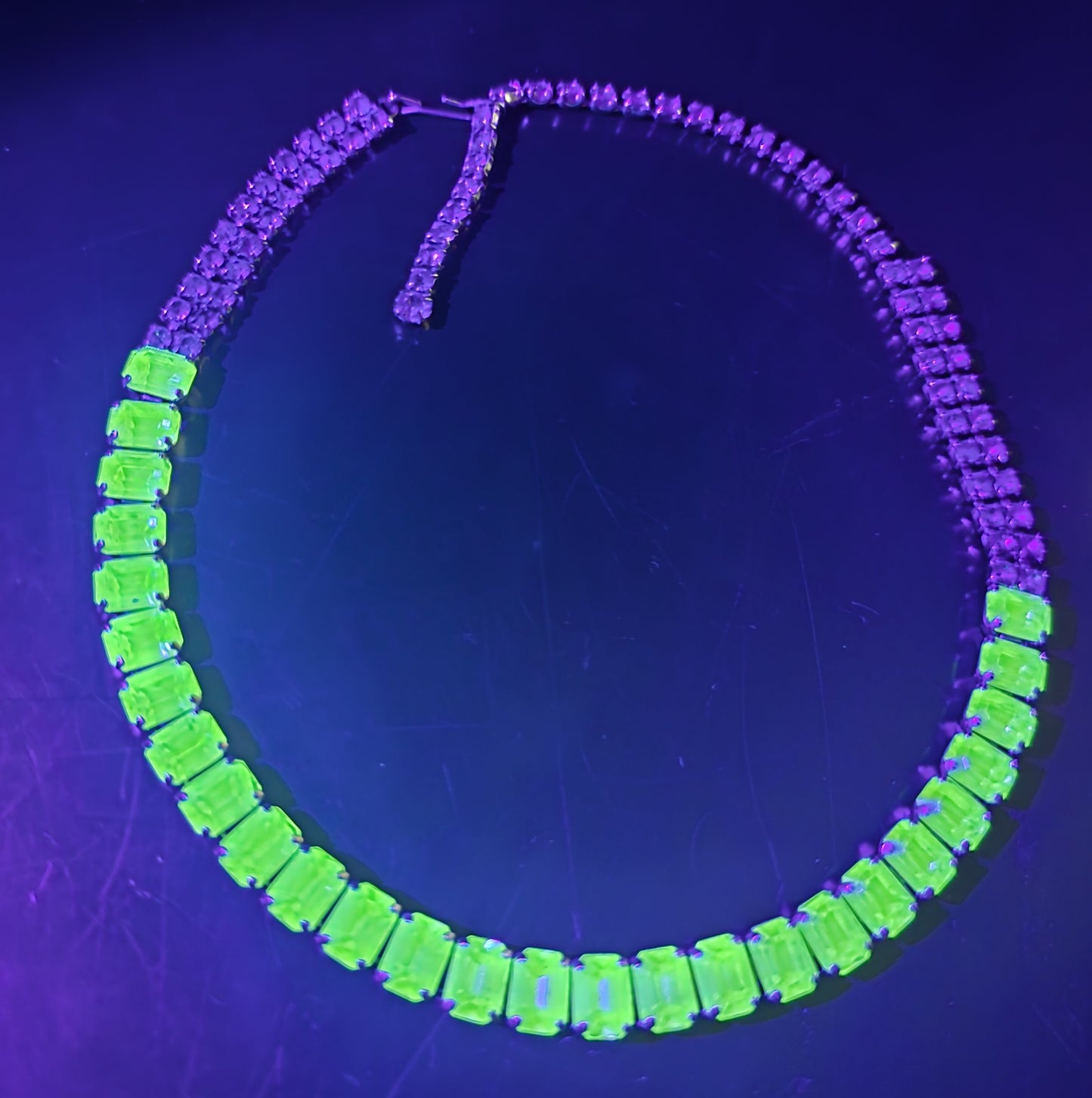 Uranium Glass Thick green emerald cut rhinestone vintage choker Necklace
