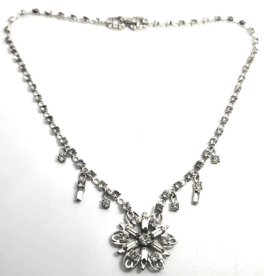 Silver flower mid century vintage silver toned rhinestone charm necklace