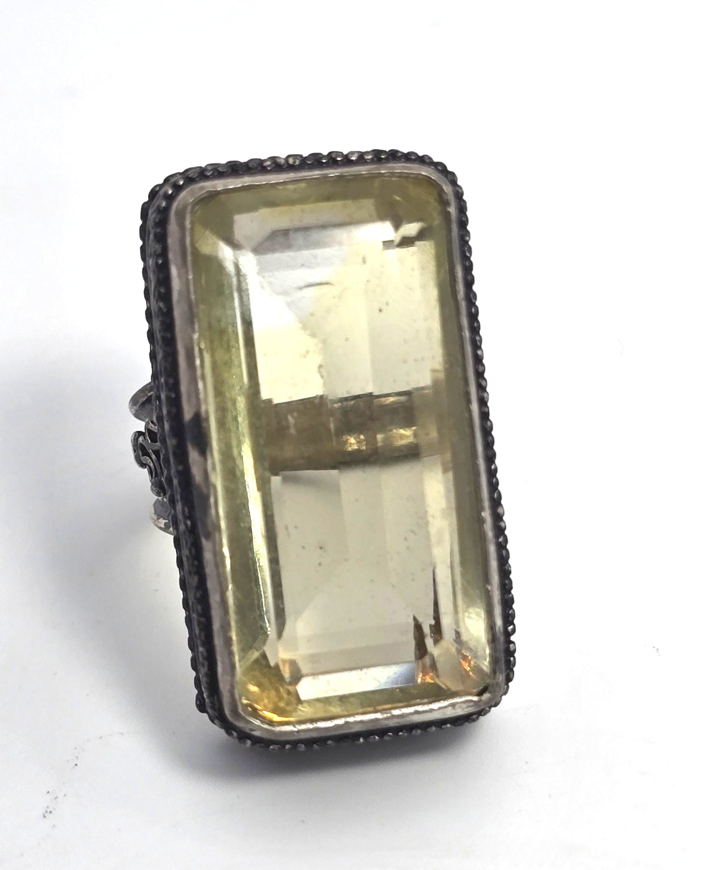 Uranium Glass UV glow Vaseline glass silver plated filigree vintage ring