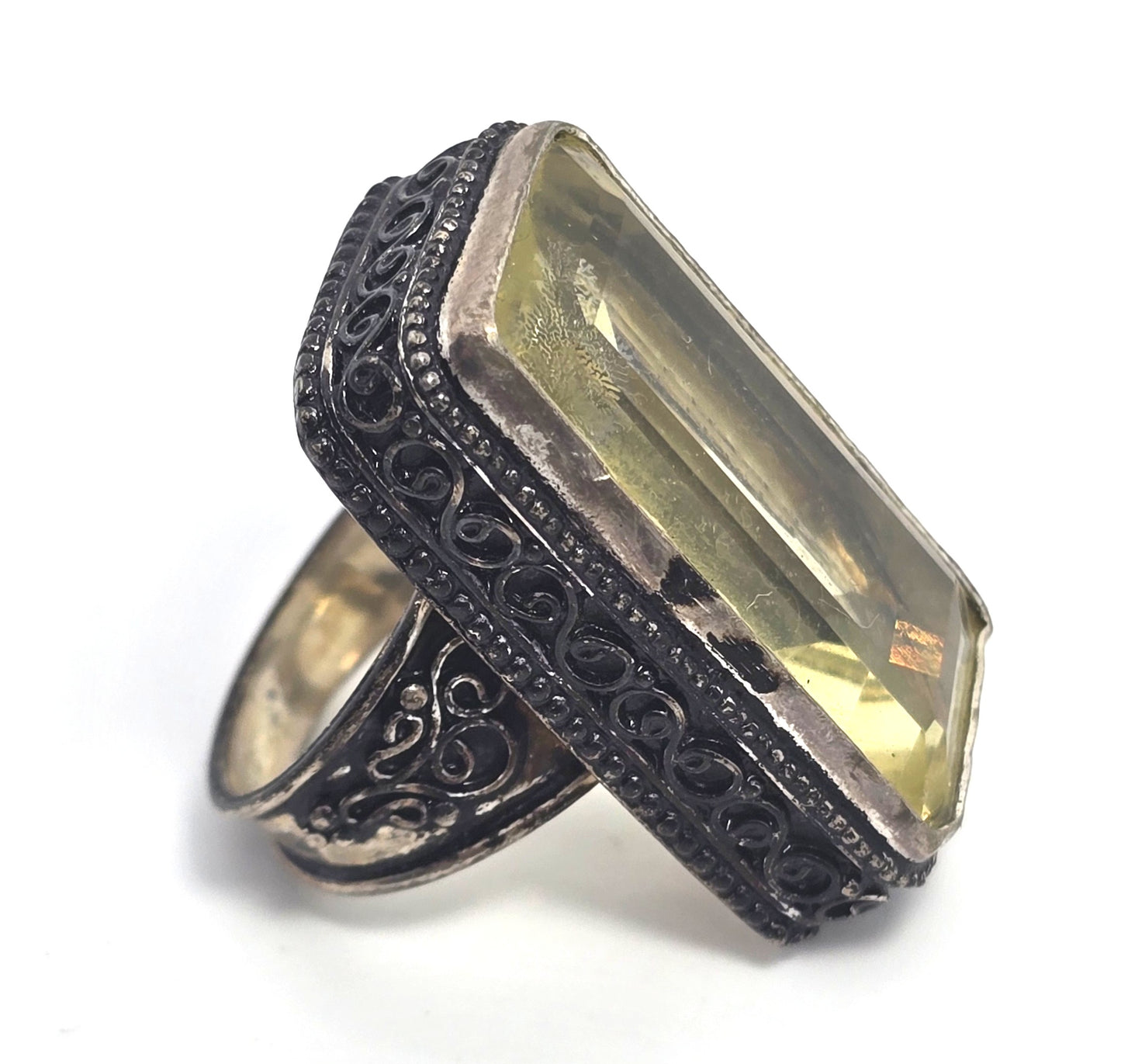 Uranium Glass UV glow Vaseline glass silver plated filigree vintage ring