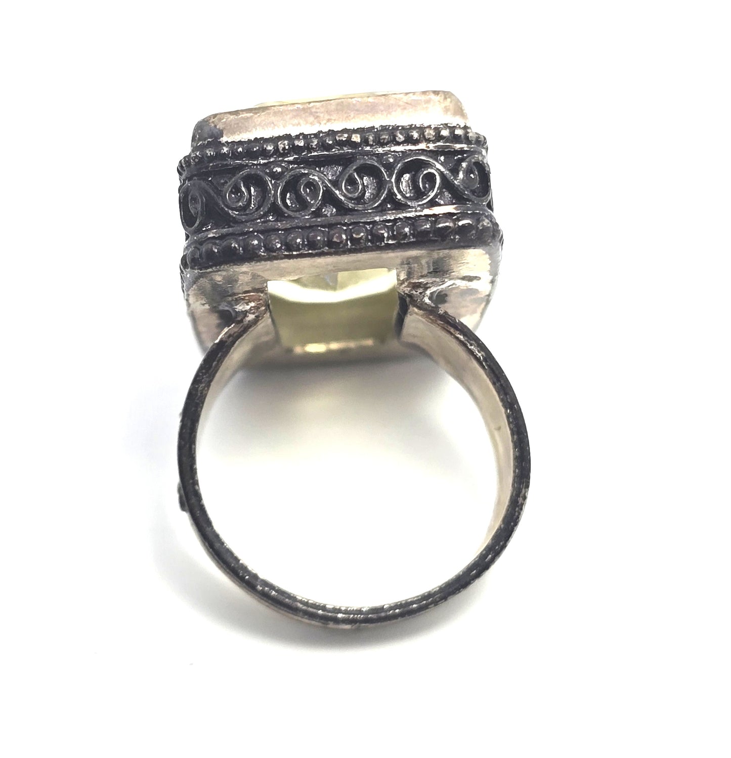 Uranium Glass UV glow Vaseline glass silver plated filigree vintage ring