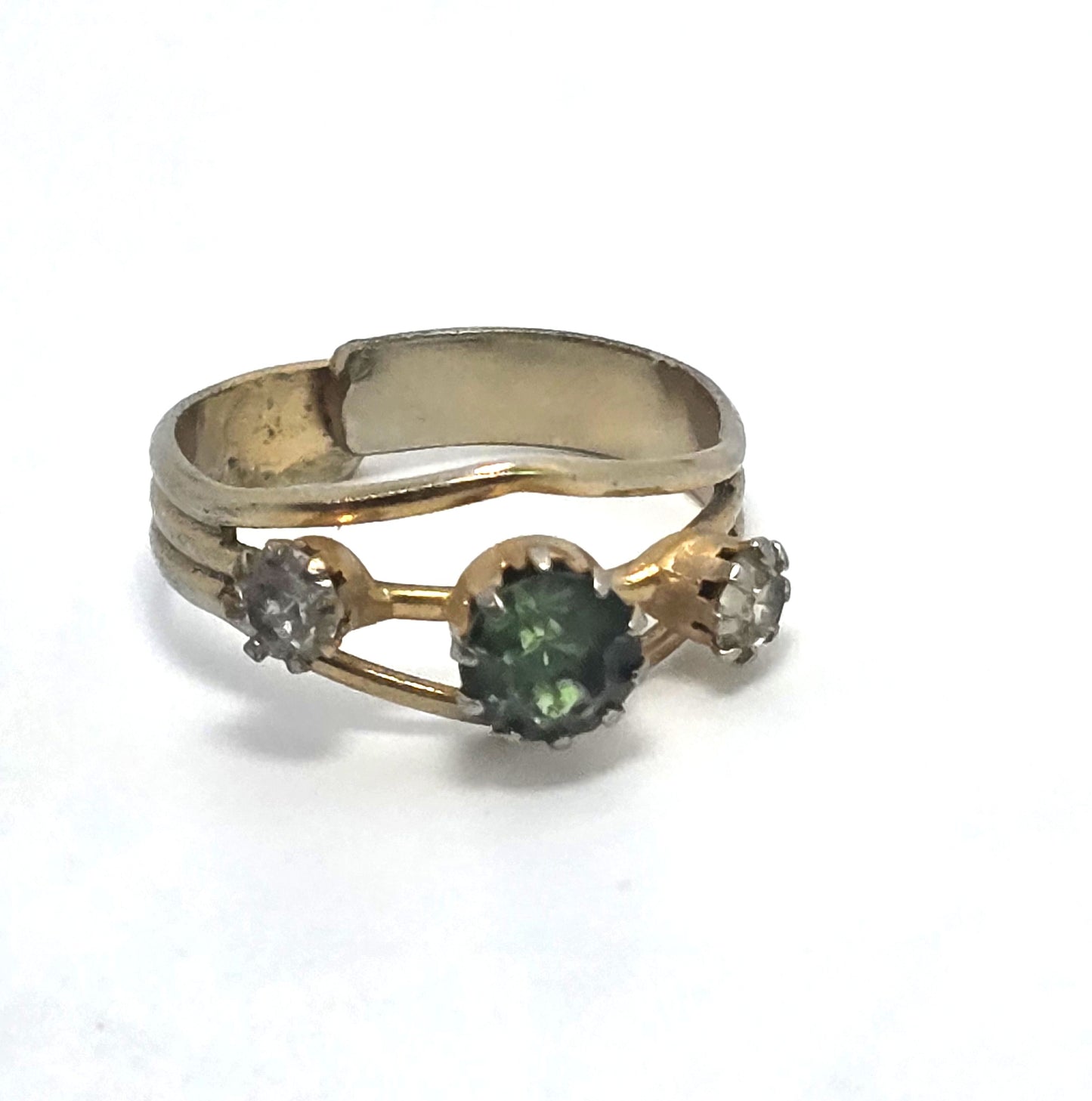 Uranium Glass UV glow vintage rhinestone gold toned adjustable costume ring