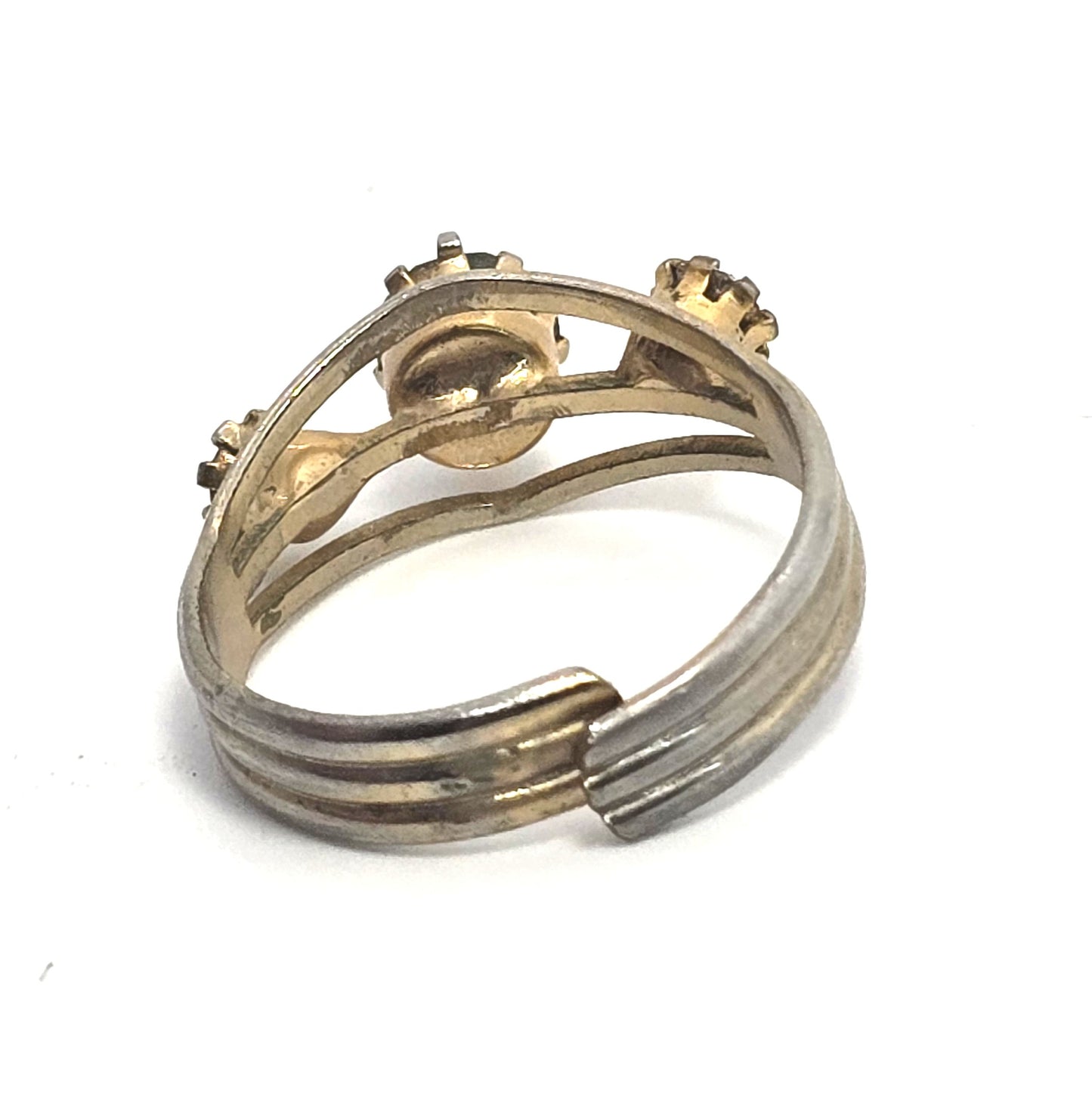 Uranium Glass UV glow vintage rhinestone gold toned adjustable costume ring