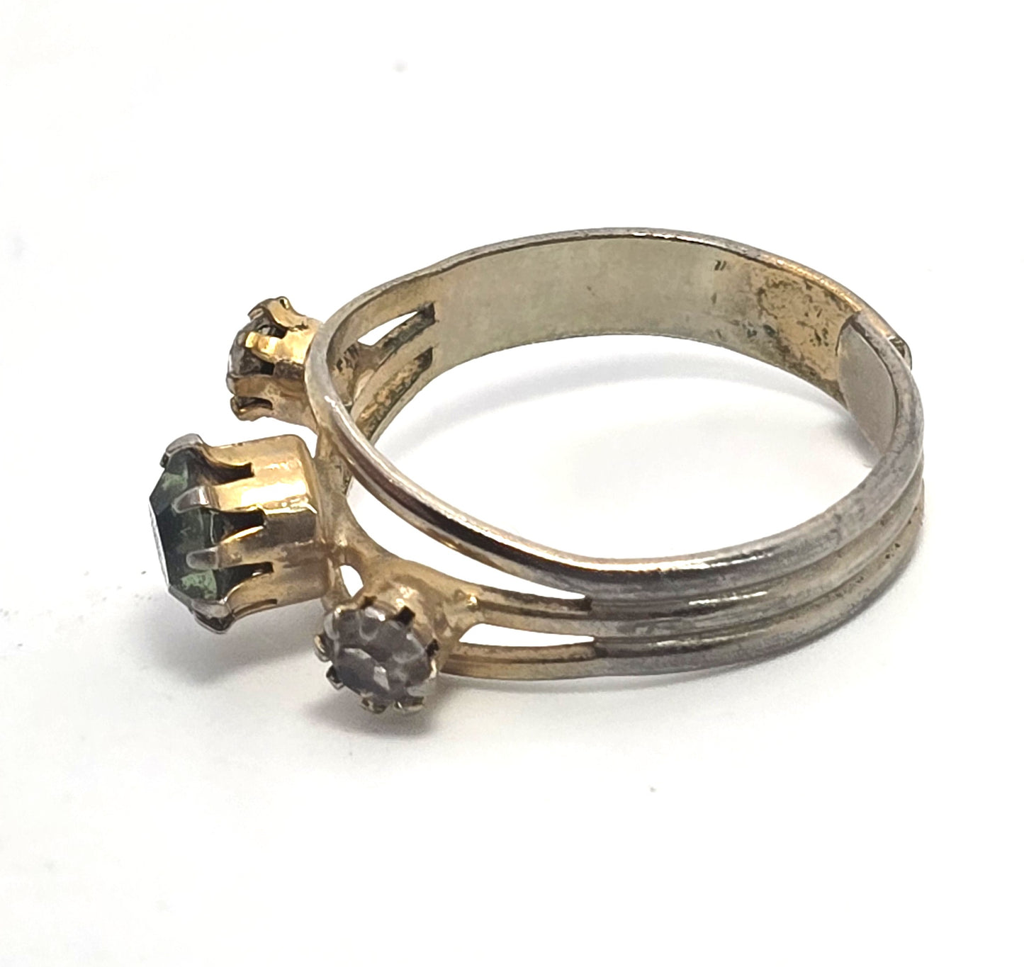 Uranium Glass UV glow vintage rhinestone gold toned adjustable costume ring