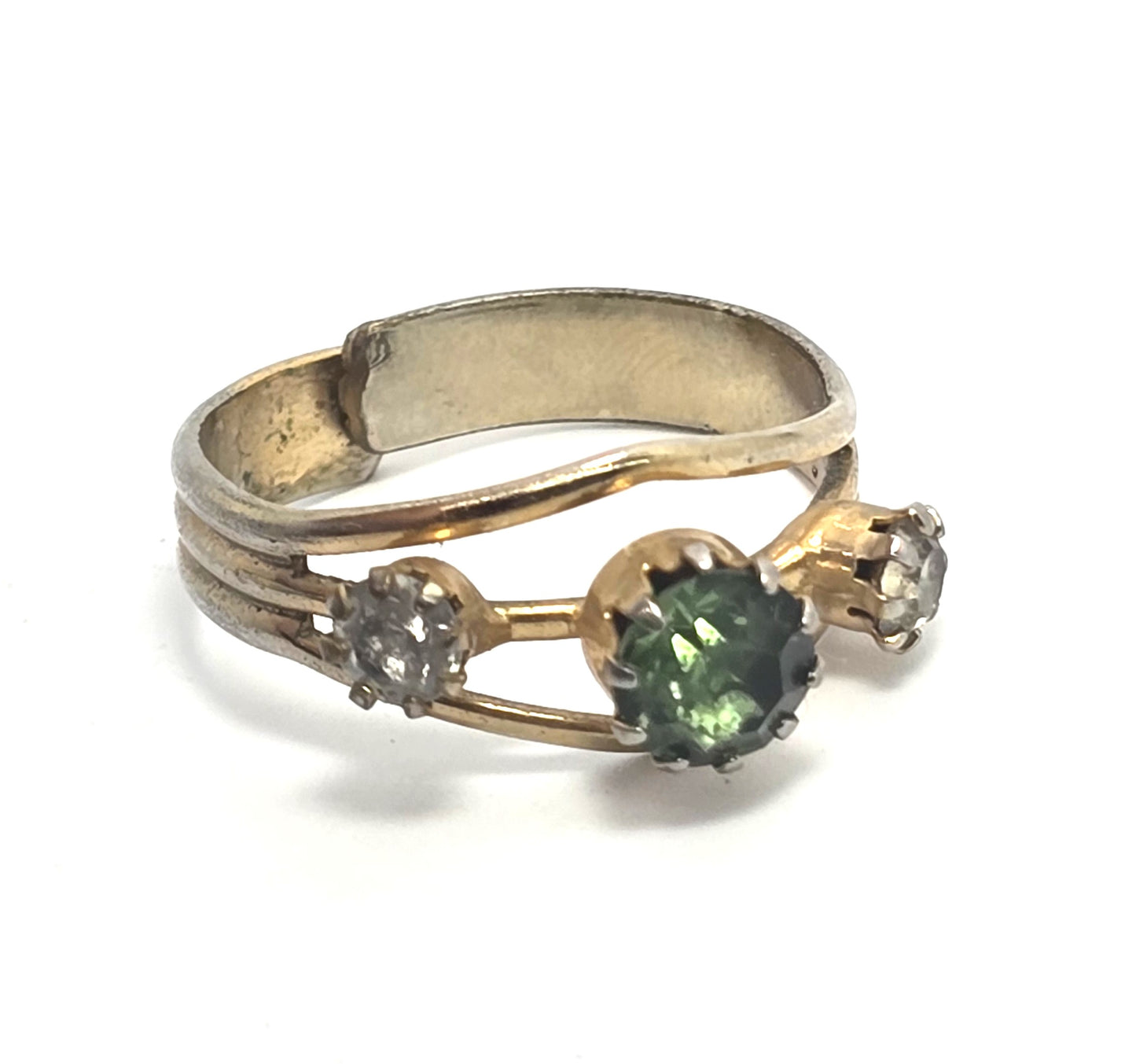 Uranium Glass UV glow vintage rhinestone gold toned adjustable costume ring