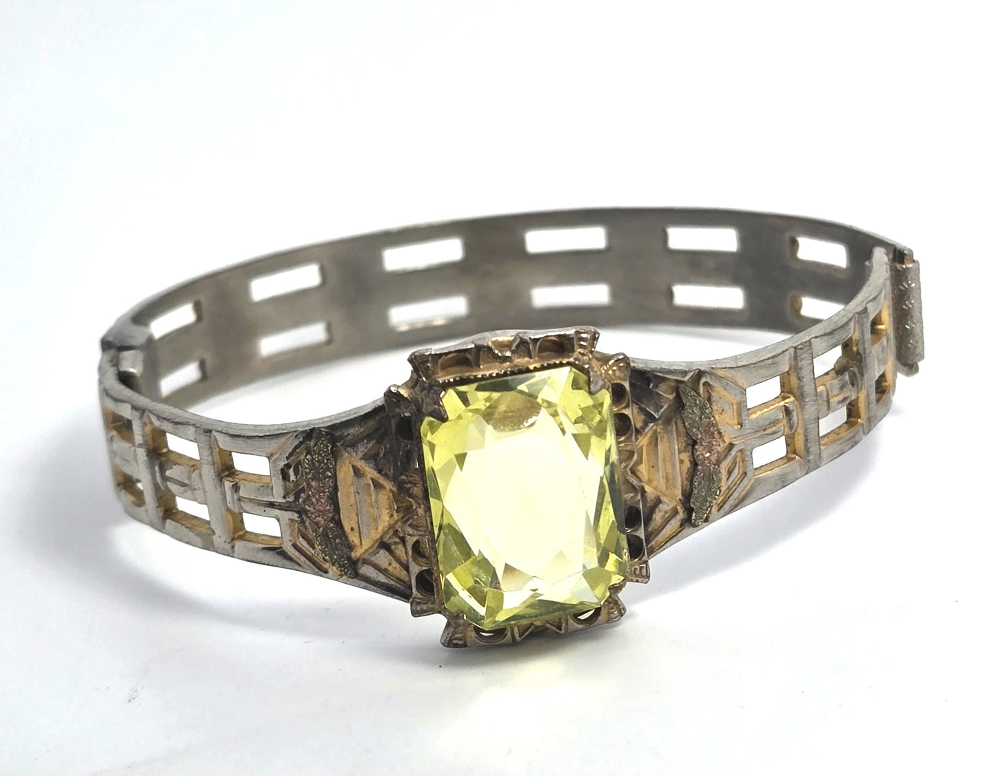 Art Deco yellow Vaseline Uranium glass Gold filled antique hinged bangle bracelet