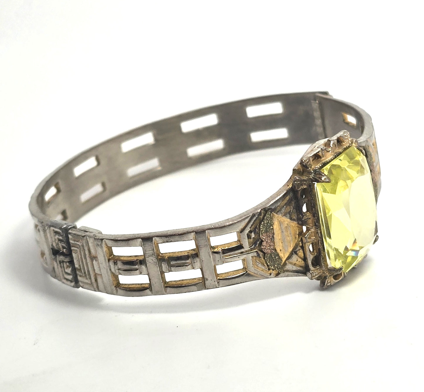 Art Deco yellow Vaseline Uranium glass Gold filled antique hinged bangle bracelet