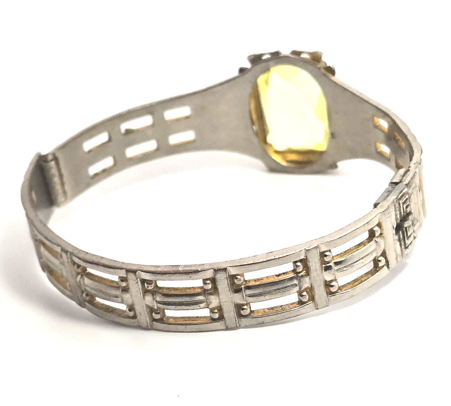 Art Deco yellow Vaseline Uranium glass Gold filled antique hinged bangle bracelet