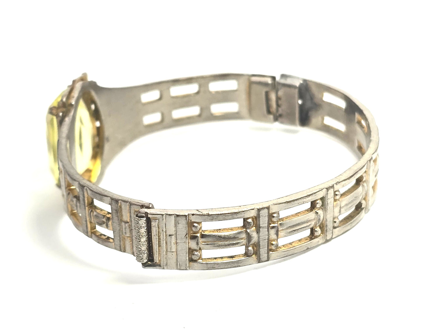 Art Deco yellow Vaseline Uranium glass Gold filled antique hinged bangle bracelet