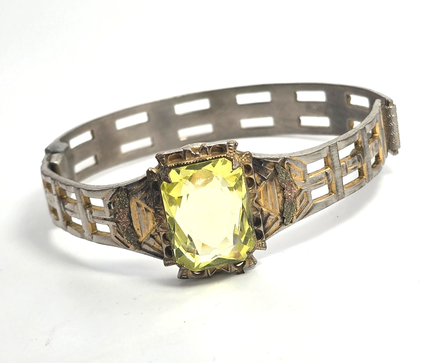 Art Deco yellow Vaseline Uranium glass Gold filled antique hinged bangle bracelet