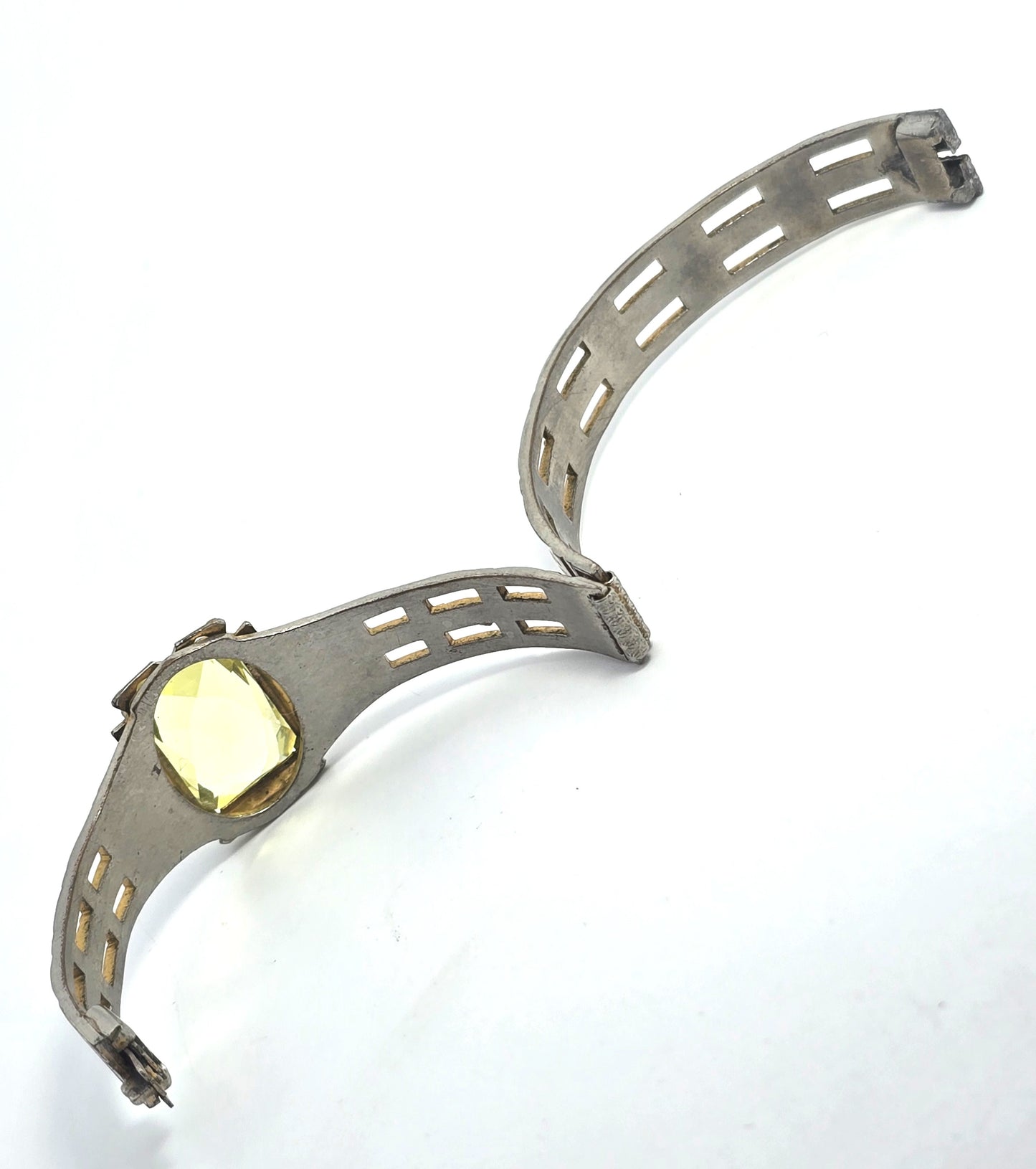 Art Deco yellow Vaseline Uranium glass Gold filled antique hinged bangle bracelet