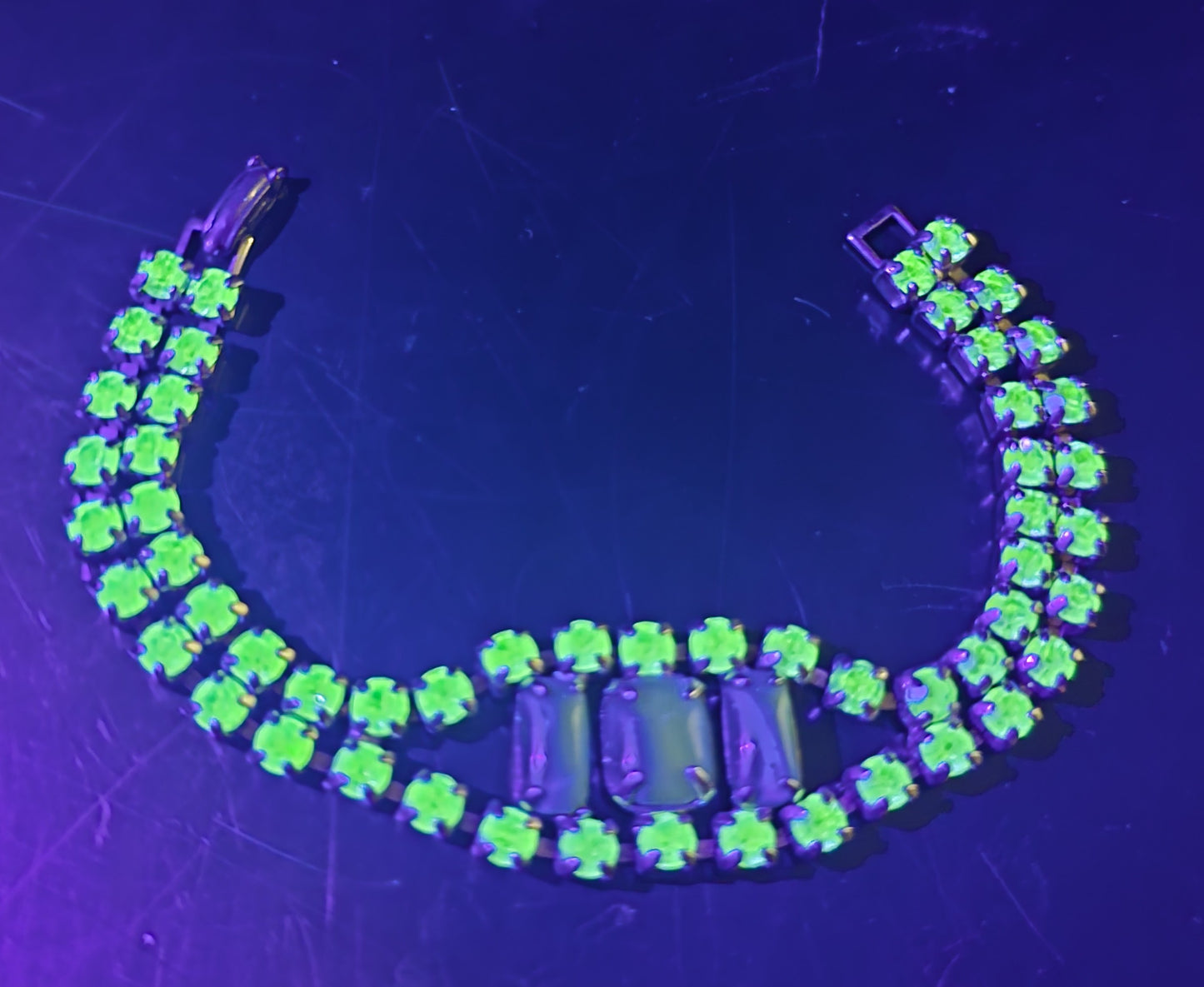 Uranium Glass green rhinestone vintage thick rhinestone tennis bracelet