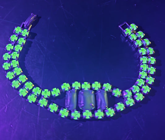 Uranium Glass green rhinestone vintage thick rhinestone tennis bracelet