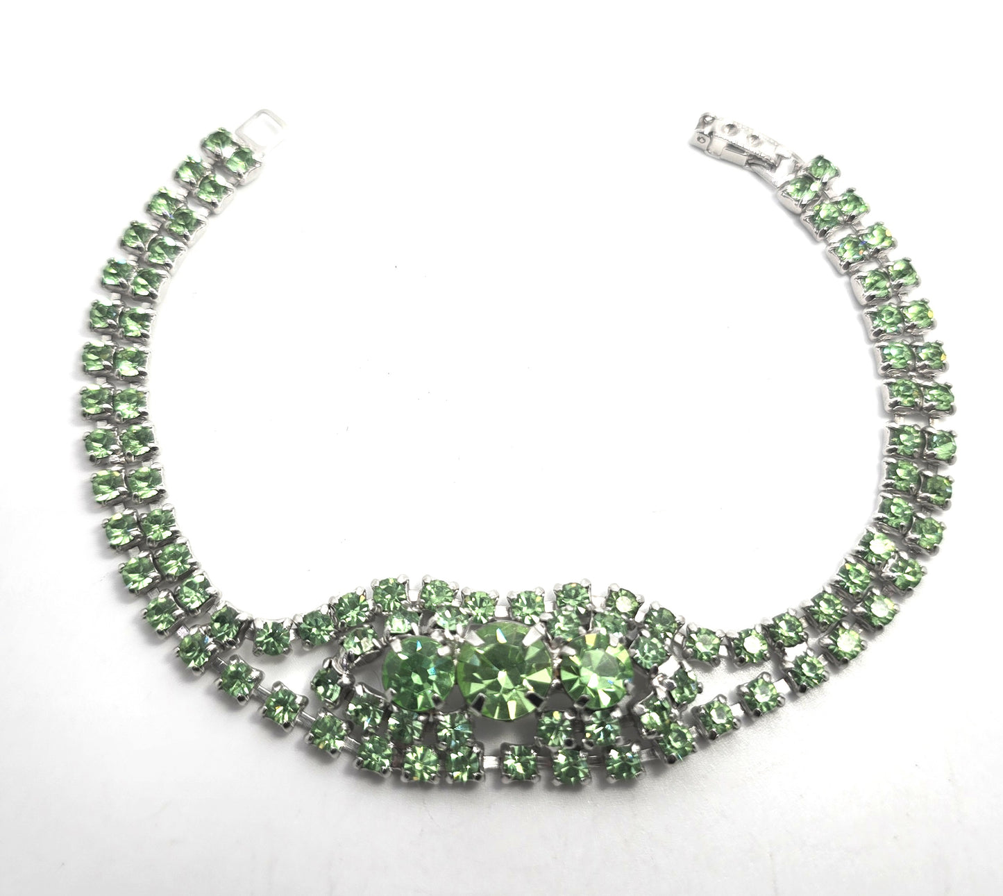 Uranium Glass three stone green rhinestone vintage thick rhinestone tennis bracelet