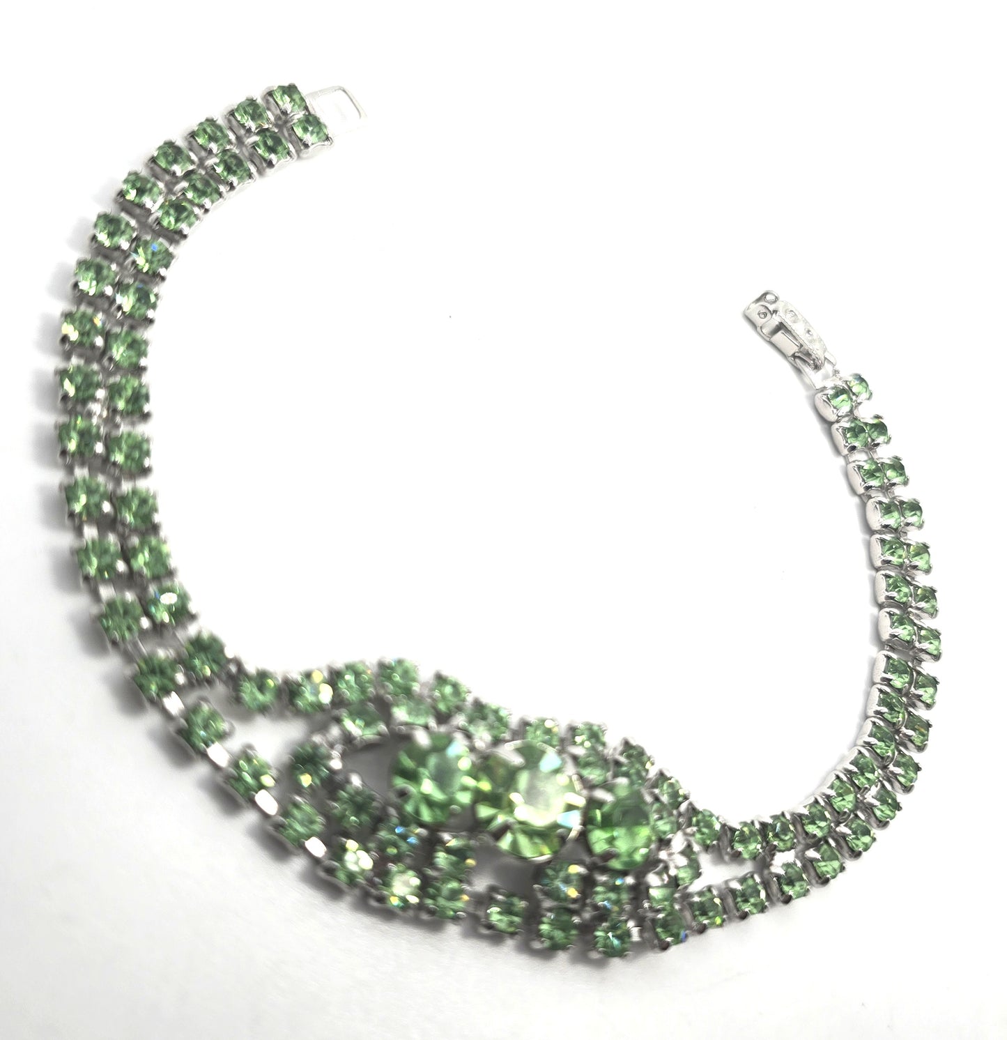 Uranium Glass three stone green rhinestone vintage thick rhinestone tennis bracelet