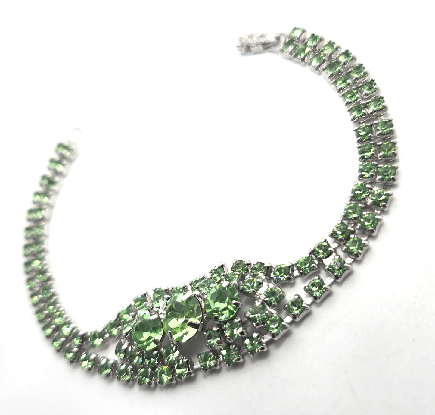 Uranium Glass three stone green rhinestone vintage thick rhinestone tennis bracelet