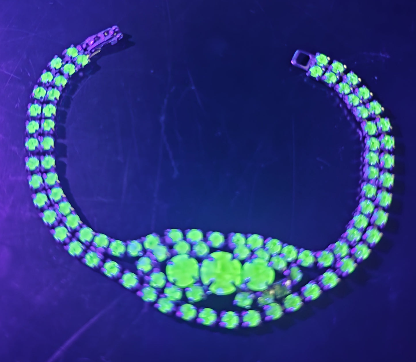 Uranium Glass three stone green rhinestone vintage thick rhinestone tennis bracelet