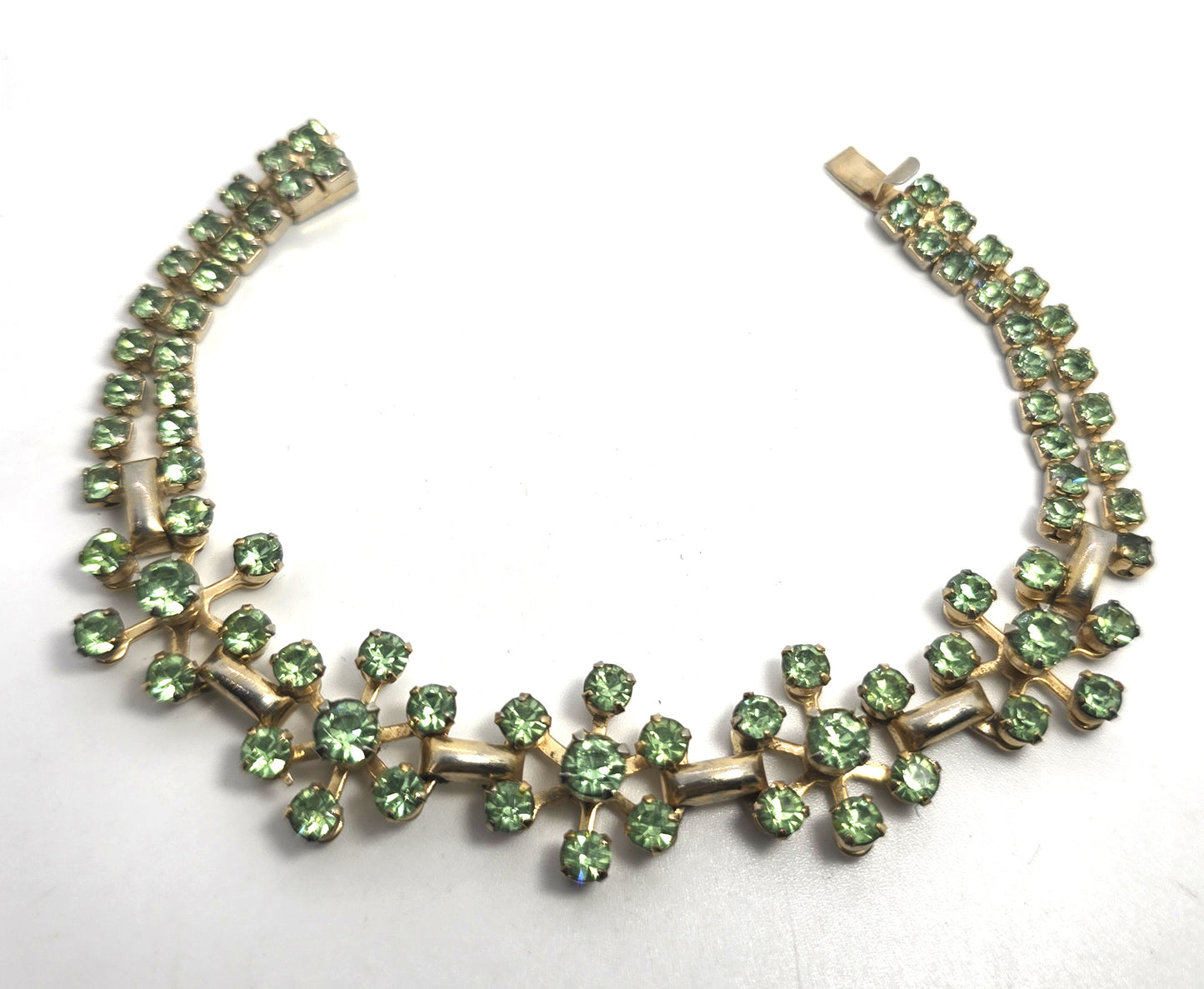 Uranium Glass flower green rhinestone vintage thick rhinestone tennis bracelet