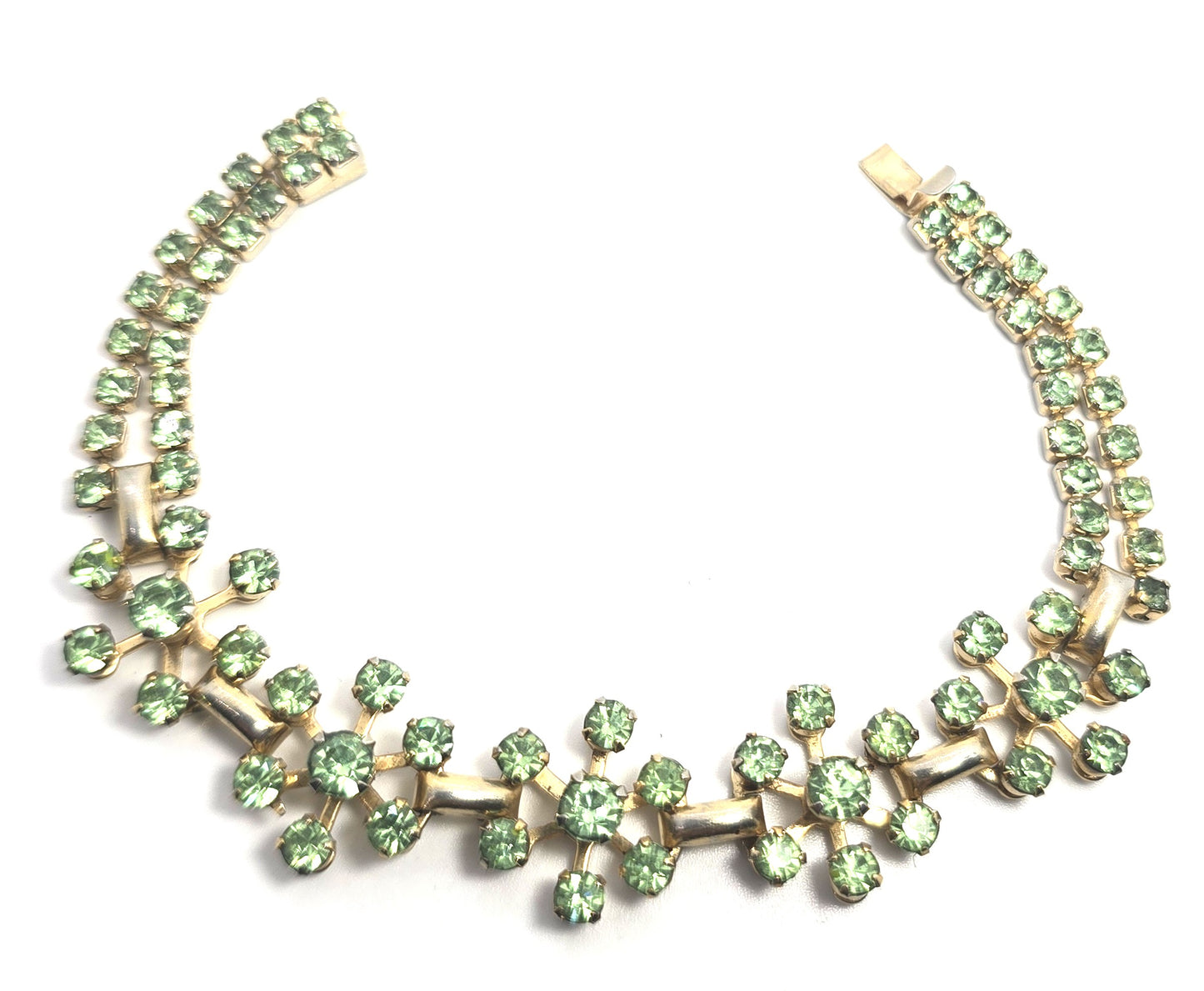 Uranium Glass flower green rhinestone vintage thick rhinestone tennis bracelet