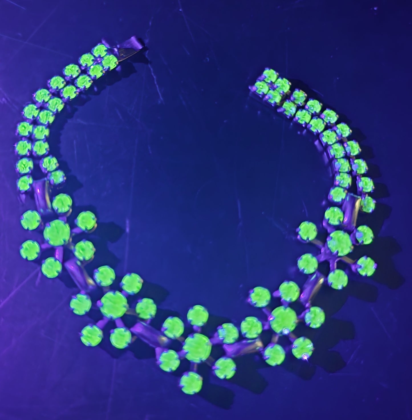 Uranium Glass flower green rhinestone vintage thick rhinestone tennis bracelet