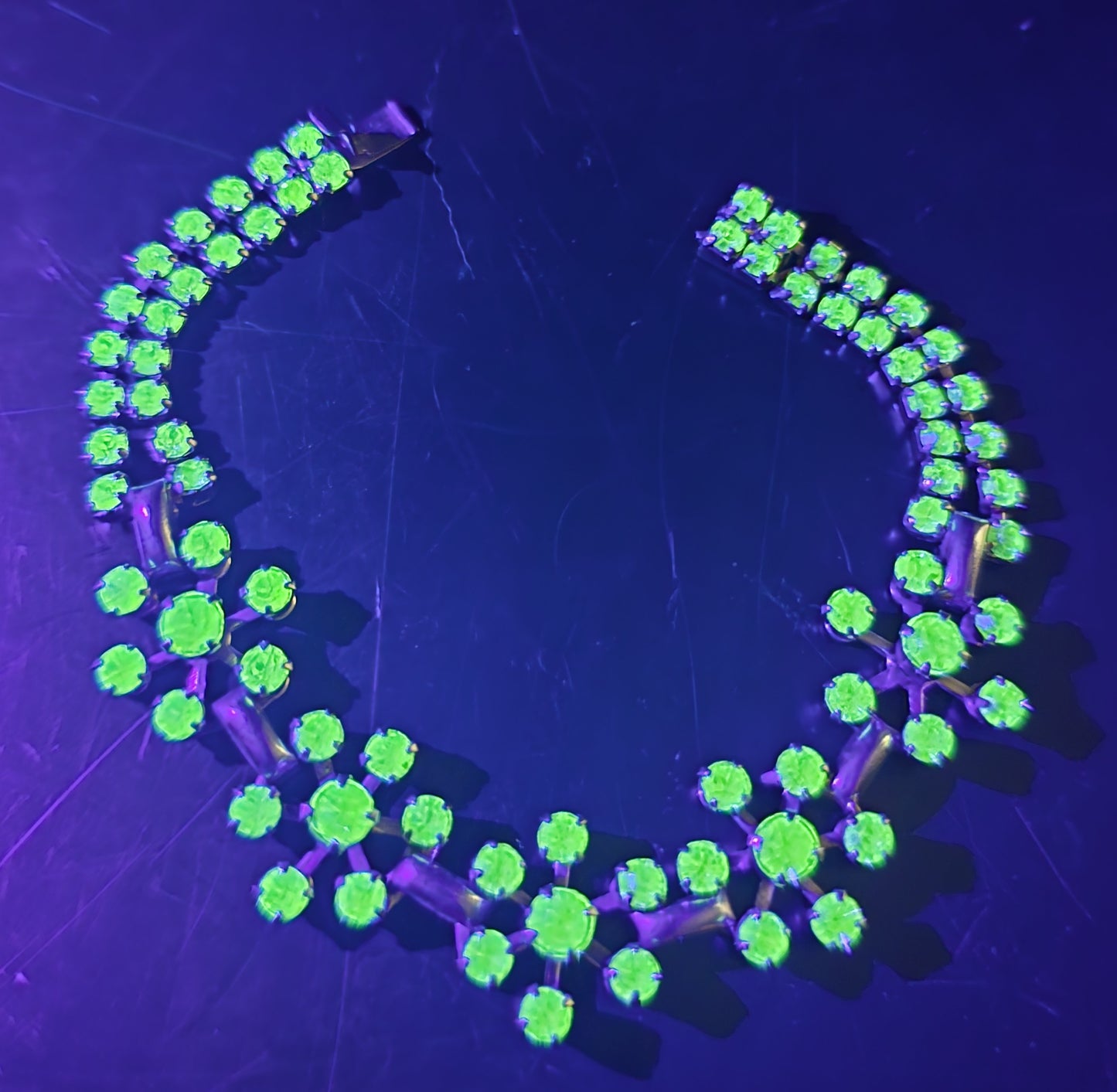 Uranium Glass flower green rhinestone vintage thick rhinestone tennis bracelet