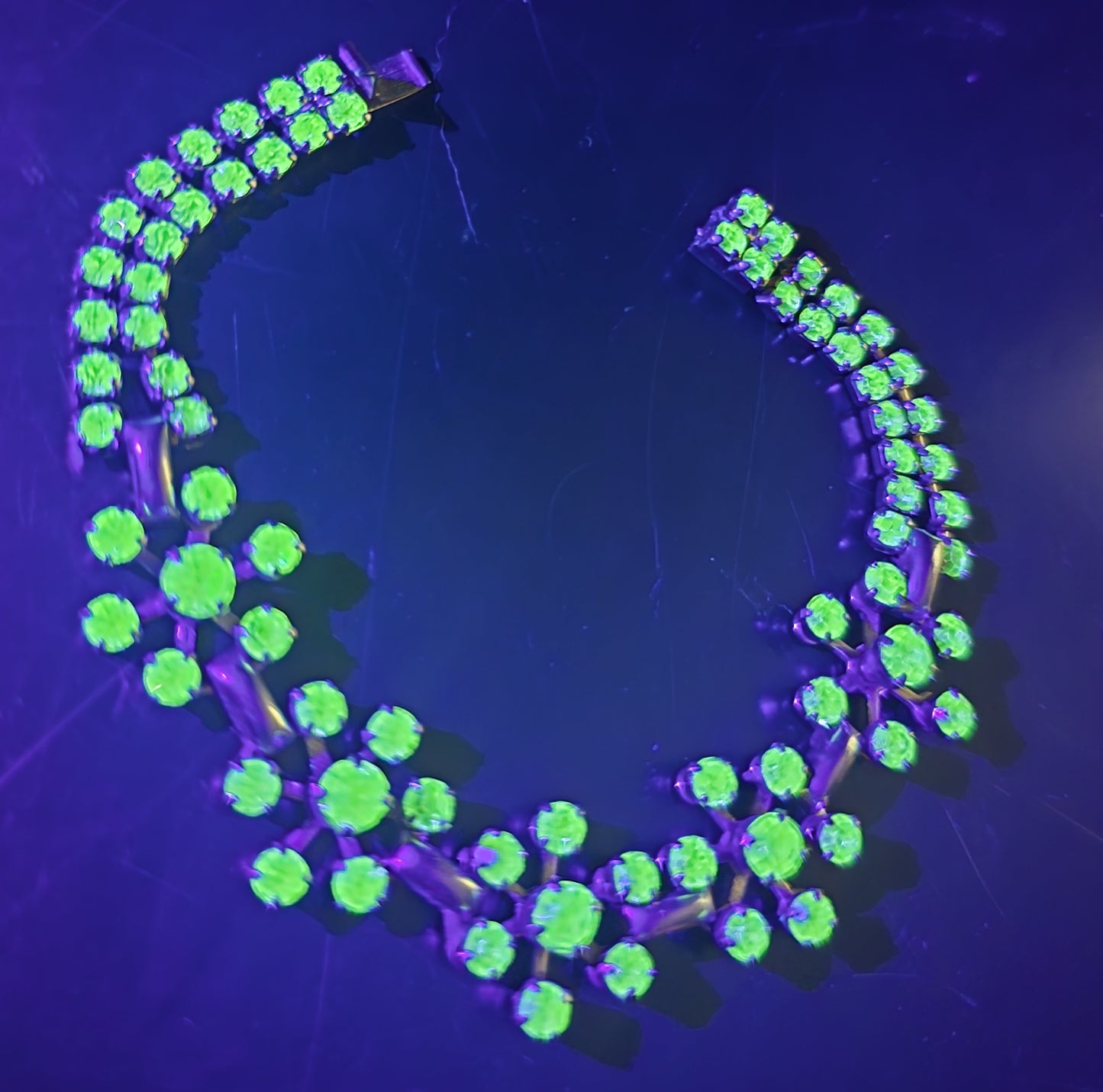 Uranium Glass flower green rhinestone vintage thick rhinestone tennis bracelet