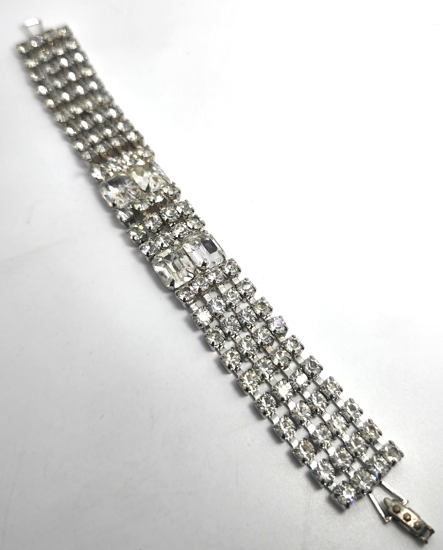 Four row clear rhinestone thick vintage mid century tennis bracelet