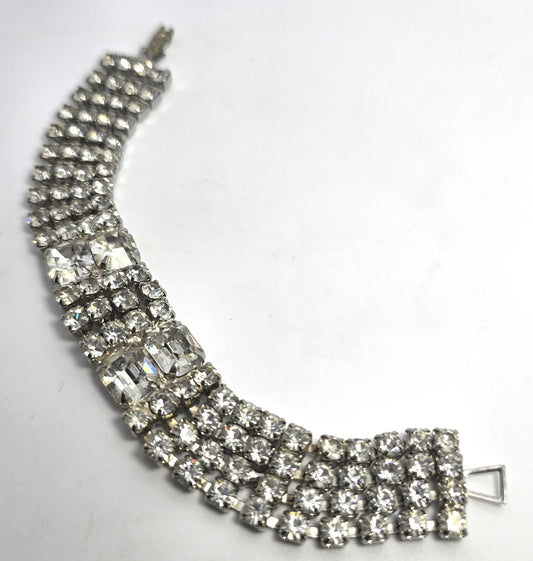 Four row clear rhinestone thick vintage mid century tennis bracelet