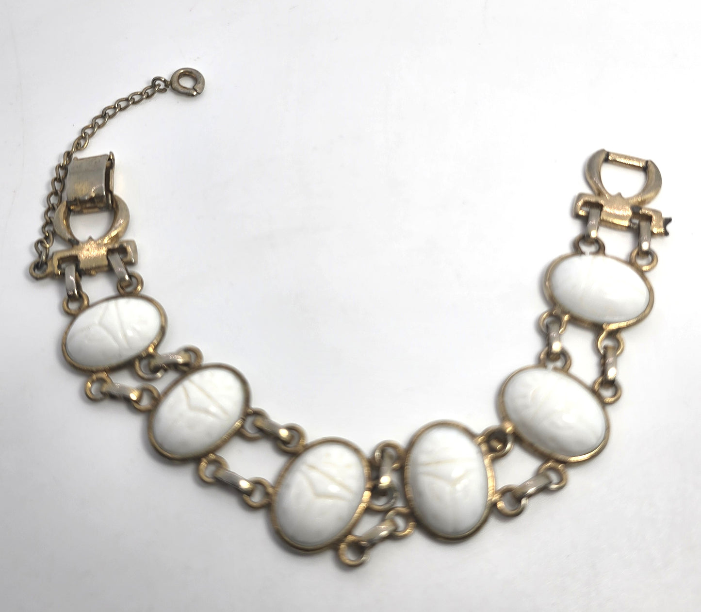 Egyptian Revival white scarab beetle molded glass vintage mid century bracelet