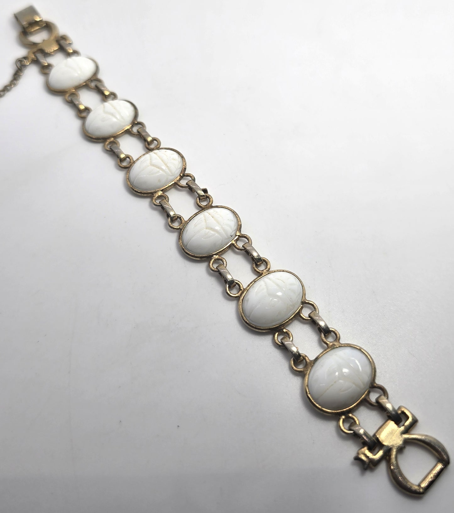 Egyptian Revival white scarab beetle molded glass vintage mid century bracelet