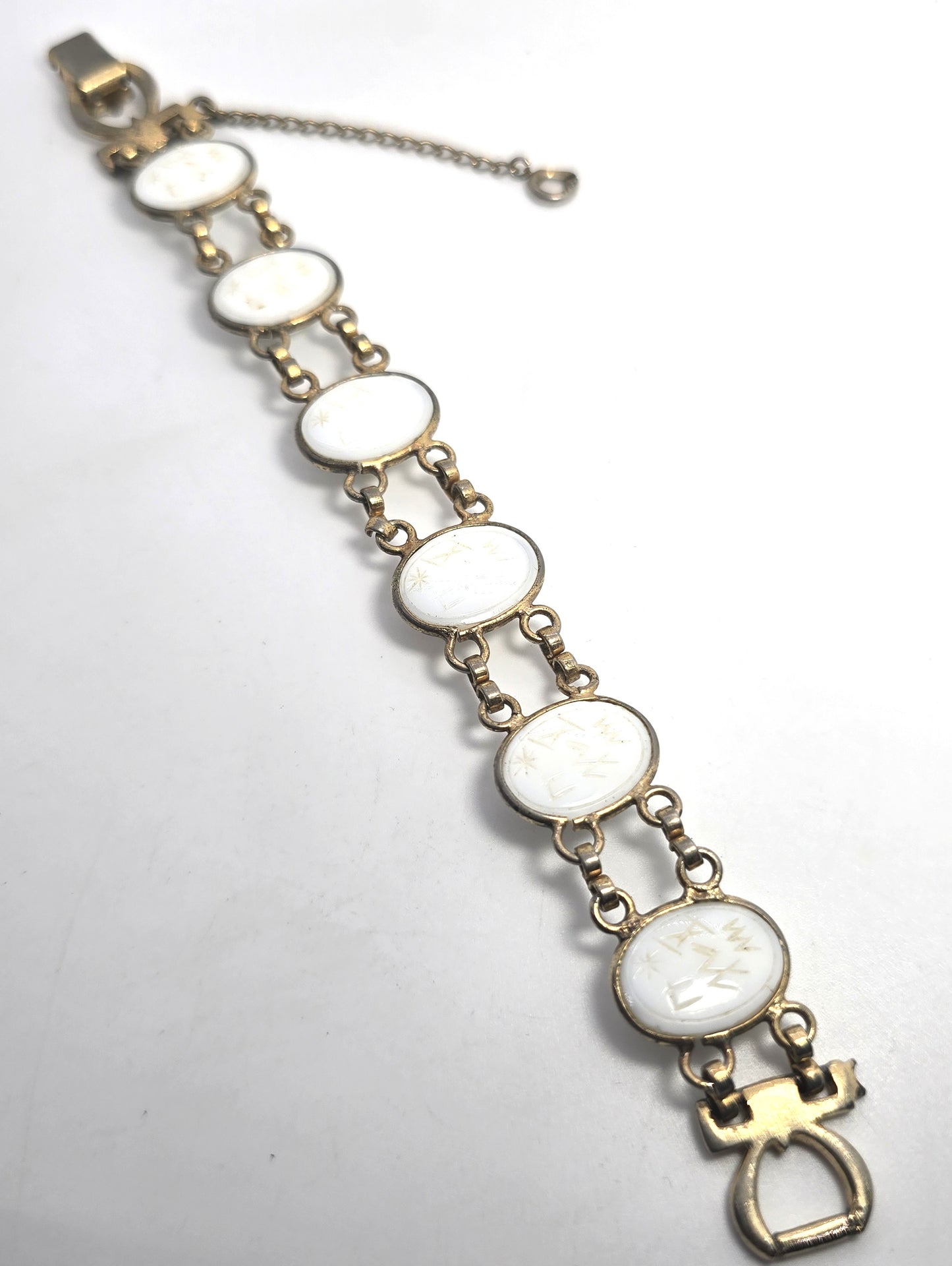 Egyptian Revival white scarab beetle molded glass vintage mid century bracelet