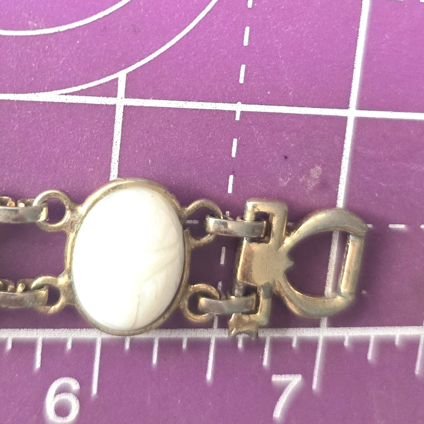 Egyptian Revival white scarab beetle molded glass vintage mid century bracelet